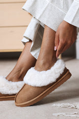 Qelora Faux Suede Mule Slippers With Faux Fur Collar Trim