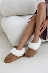 Danica Camel Mule Slippers with Faux Fur Collar Trim