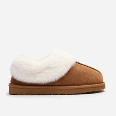 Qelora Faux Suede Mule Slippers With Faux Fur Collar Trim
