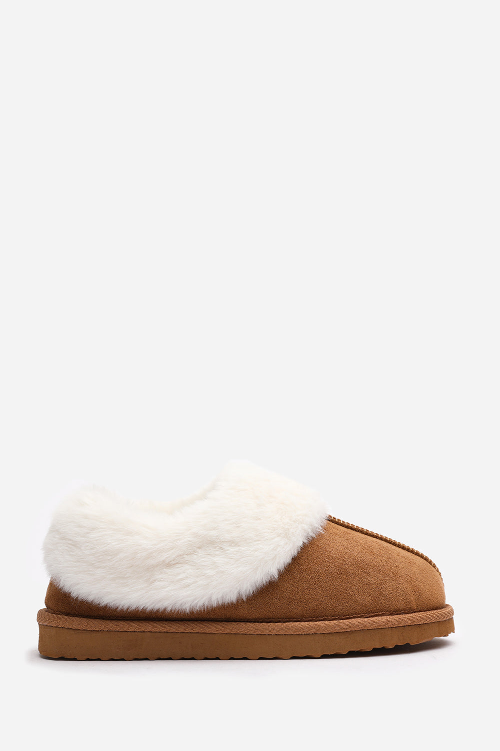 Danica Camel Mule Slippers with Faux Fur Collar Trim