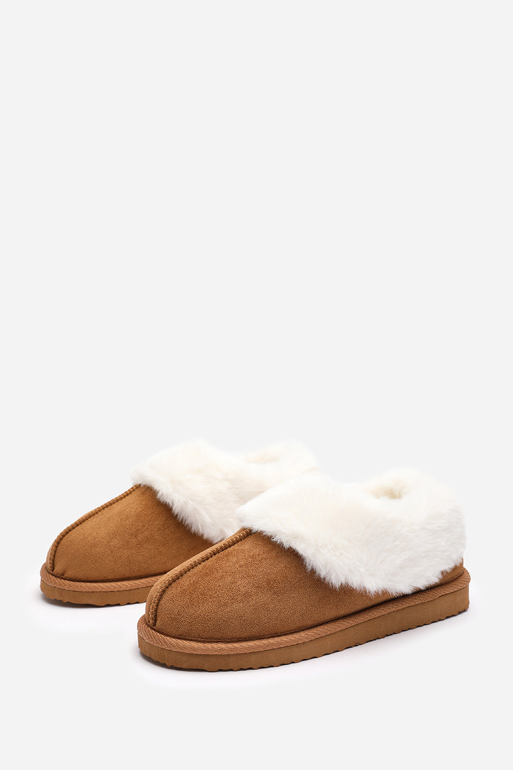 Danica Camel Mule Slippers with Faux Fur Collar Trim