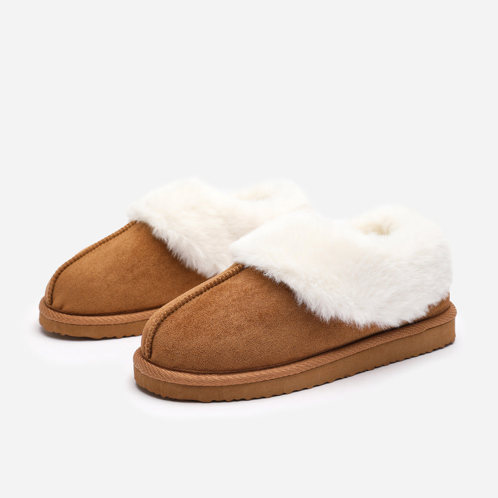Qelora Faux Suede Mule Slippers With Faux Fur Collar Trim