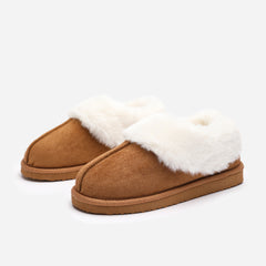 Qelora Faux Suede Mule Slippers With Faux Fur Collar Trim