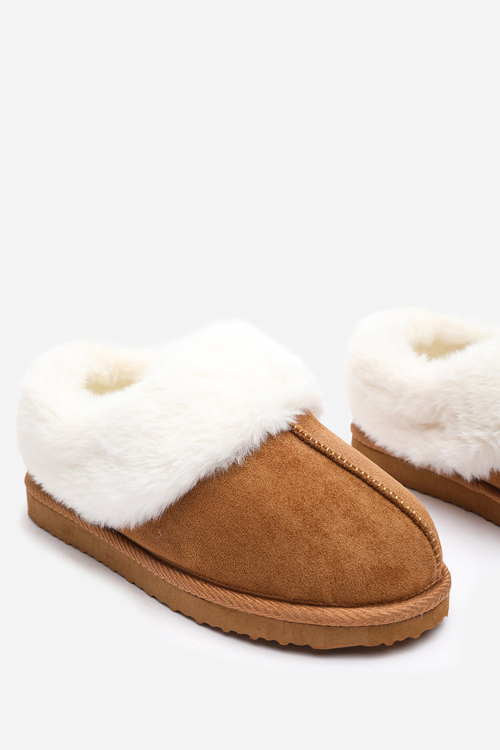 Danica Camel Mule Slippers with Faux Fur Collar Trim