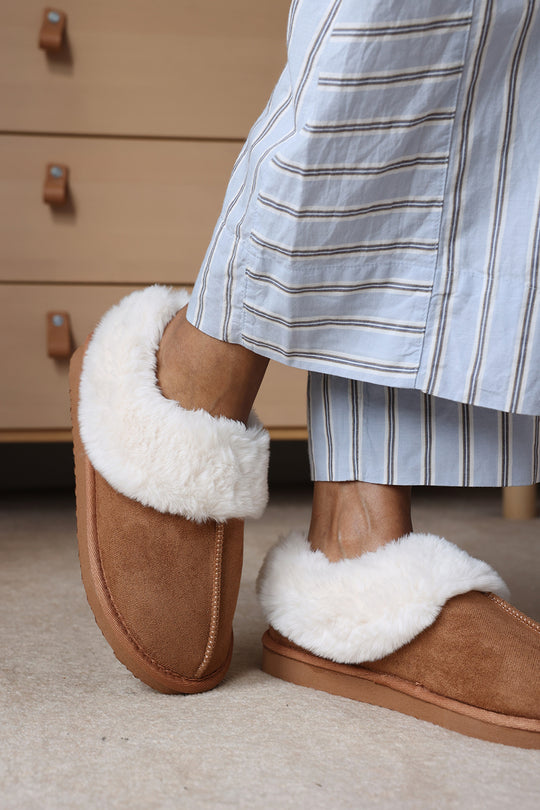 Qelora Faux Suede Mule Slippers With Faux Fur Collar Trim