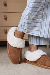 Qelora Faux Suede Mule Slippers With Faux Fur Collar Trim
