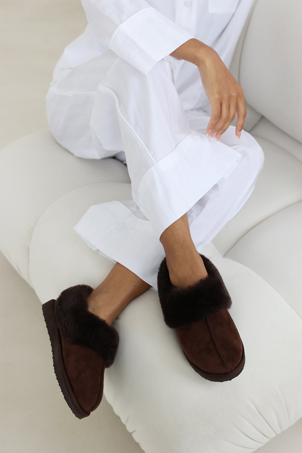 Danica Brown Mule Slippers with Faux Fur Collar Trim