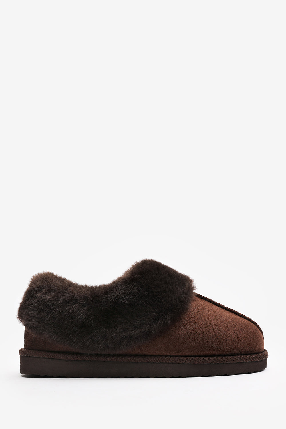 Danica Brown Mule Slippers with Faux Fur Collar Trim
