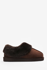 Danica Brown Mule Slippers with Faux Fur Collar Trim