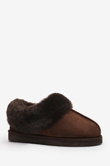 Danica Brown Mule Slippers with Faux Fur Collar Trim