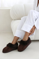 Danica Brown Mule Slippers with Faux Fur Collar Trim