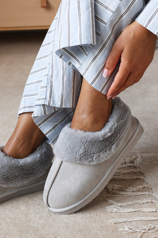 Qelora Faux Suede Mule Slippers With Faux Fur Collar Trim