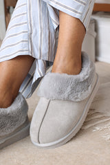 Qelora Faux Suede Mule Slippers With Faux Fur Collar Trim