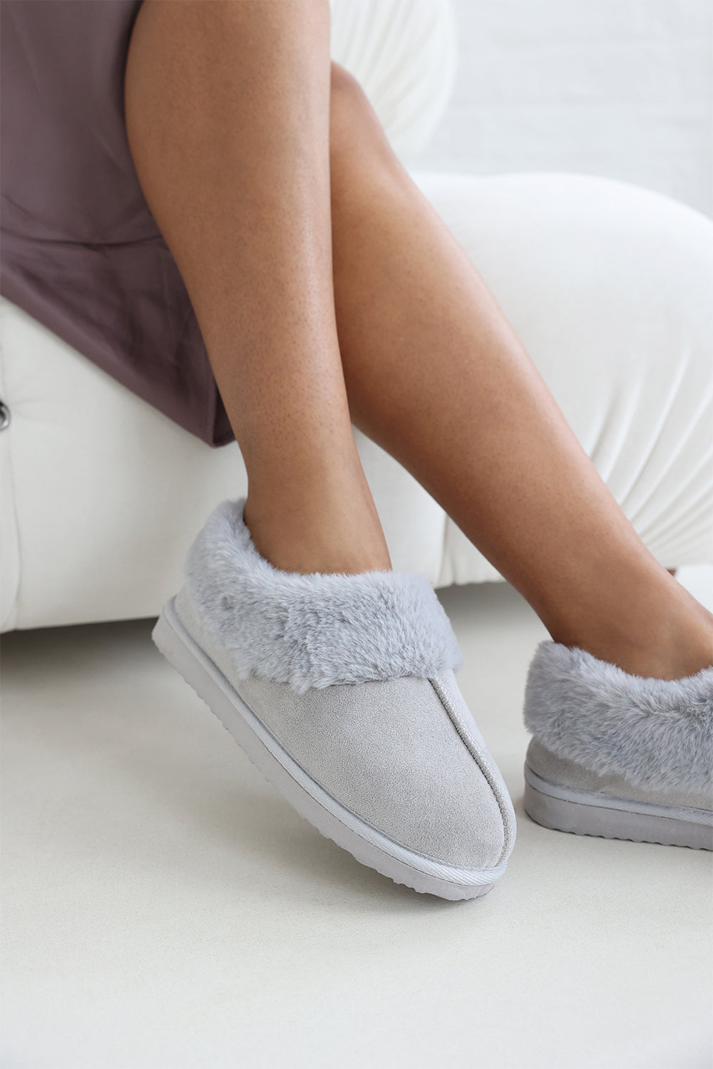 Danica Grey Mule Slippers with Faux Fur Collar Trim