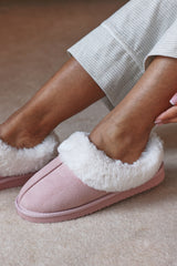 Inaya Pink Mule Slippers With Faux Fur Collar Trim
