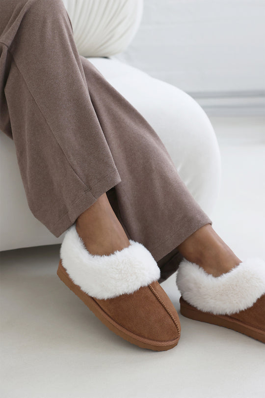 Danica Chestnut Mule Slippers with Faux Fur Collar Trim