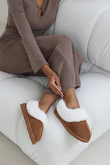Danica Chestnut Mule Slippers with Faux Fur Collar Trim