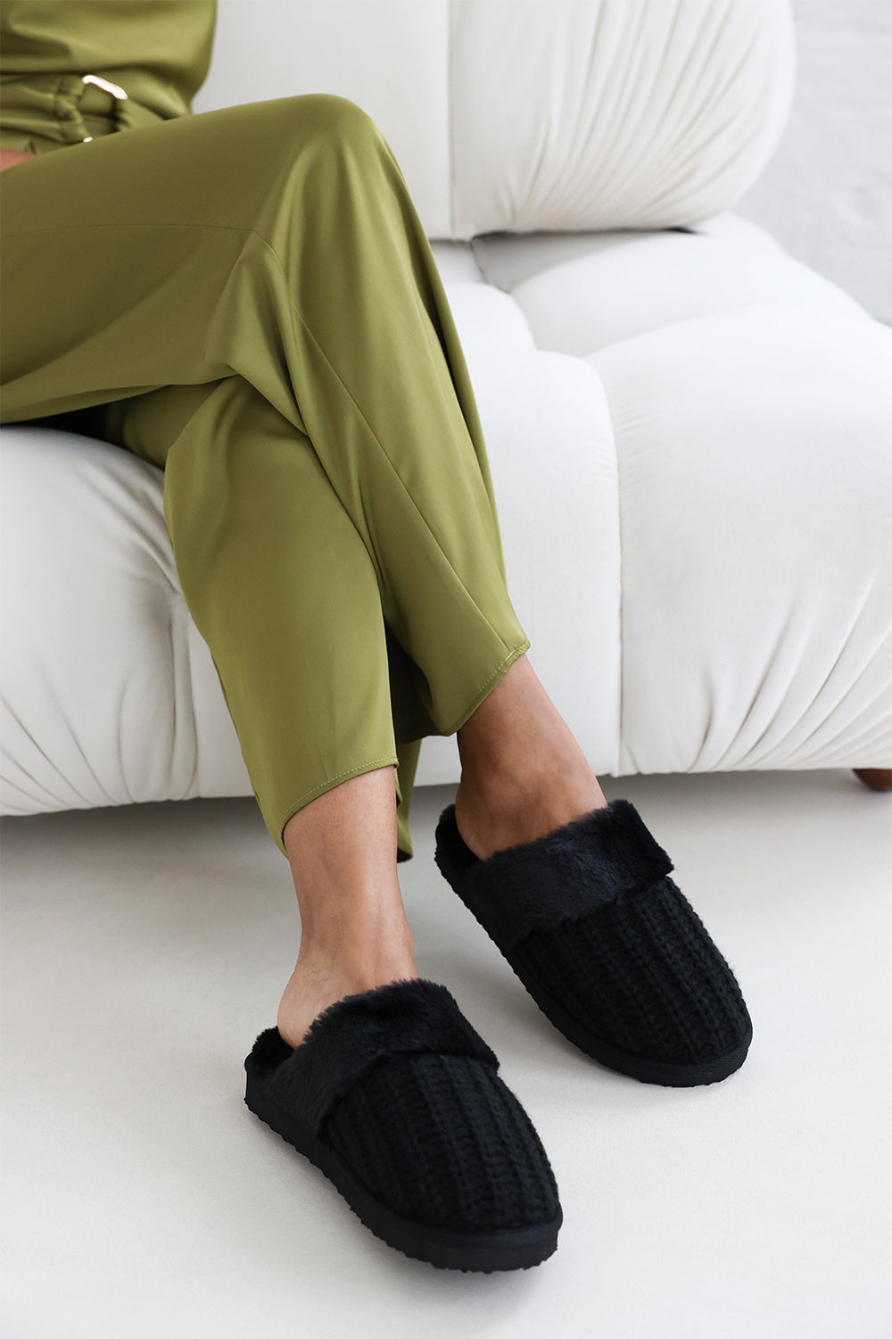 Xandra Knitted Black Mule Slippers With Soft Faux Fur Trim