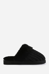 Xandra Knitted Black Mule Slippers With Soft Faux Fur Trim