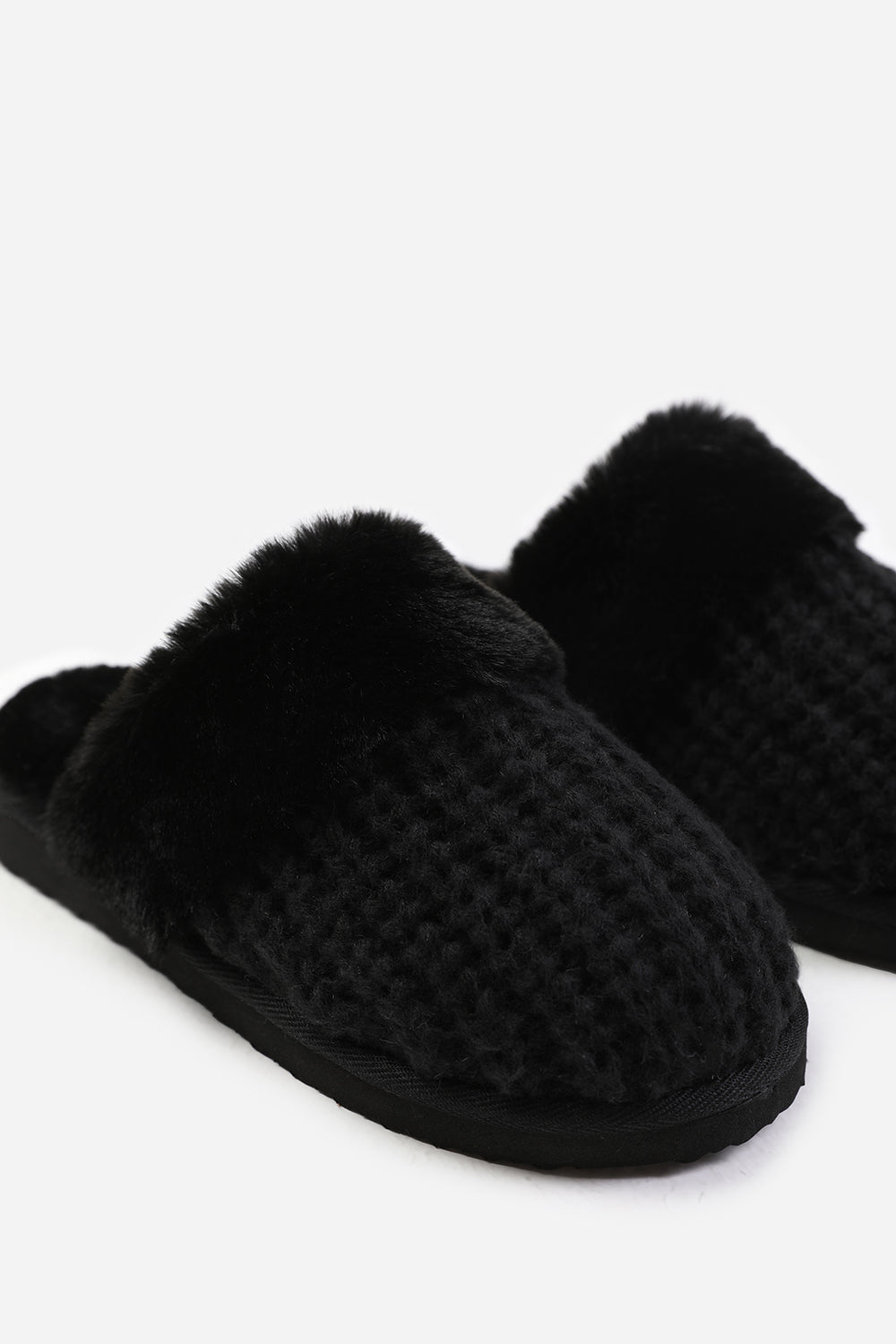 Xandra Knitted Black Mule Slippers With Soft Faux Fur Trim