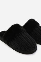 Xandra Knitted Black Mule Slippers With Soft Faux Fur Trim
