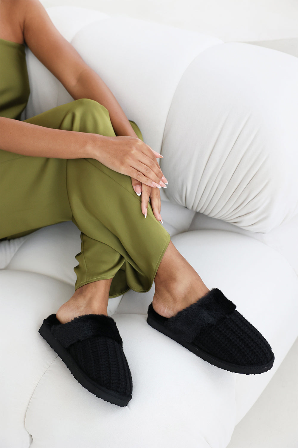 Xandra Knitted Black Mule Slippers With Soft Faux Fur Trim