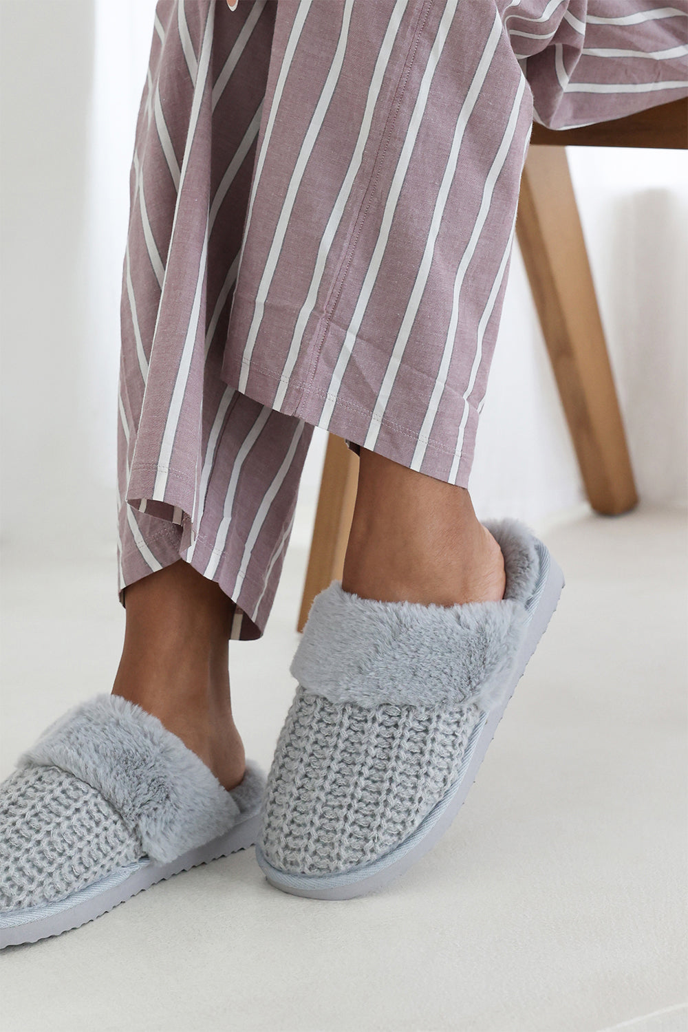 Xandra Knitted Grey Mule Slippers With Soft Faux Fur Trim
