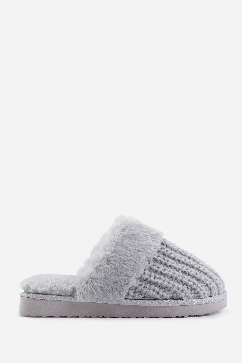Xandra Knitted Grey Mule Slippers With Soft Faux Fur Trim