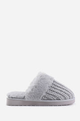 Xandra Knitted Grey Mule Slippers With Soft Faux Fur Trim