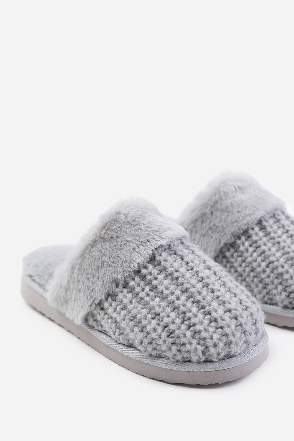 Xandra Knitted Grey Mule Slippers With Soft Faux Fur Trim