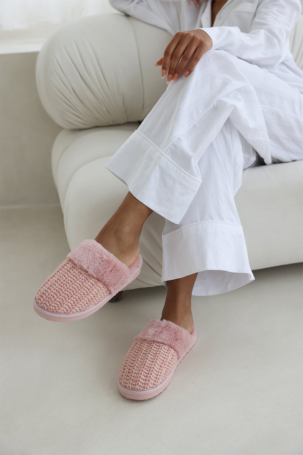 Xandra Knitted Pink Mule Slippers With Soft Faux Fur Trim