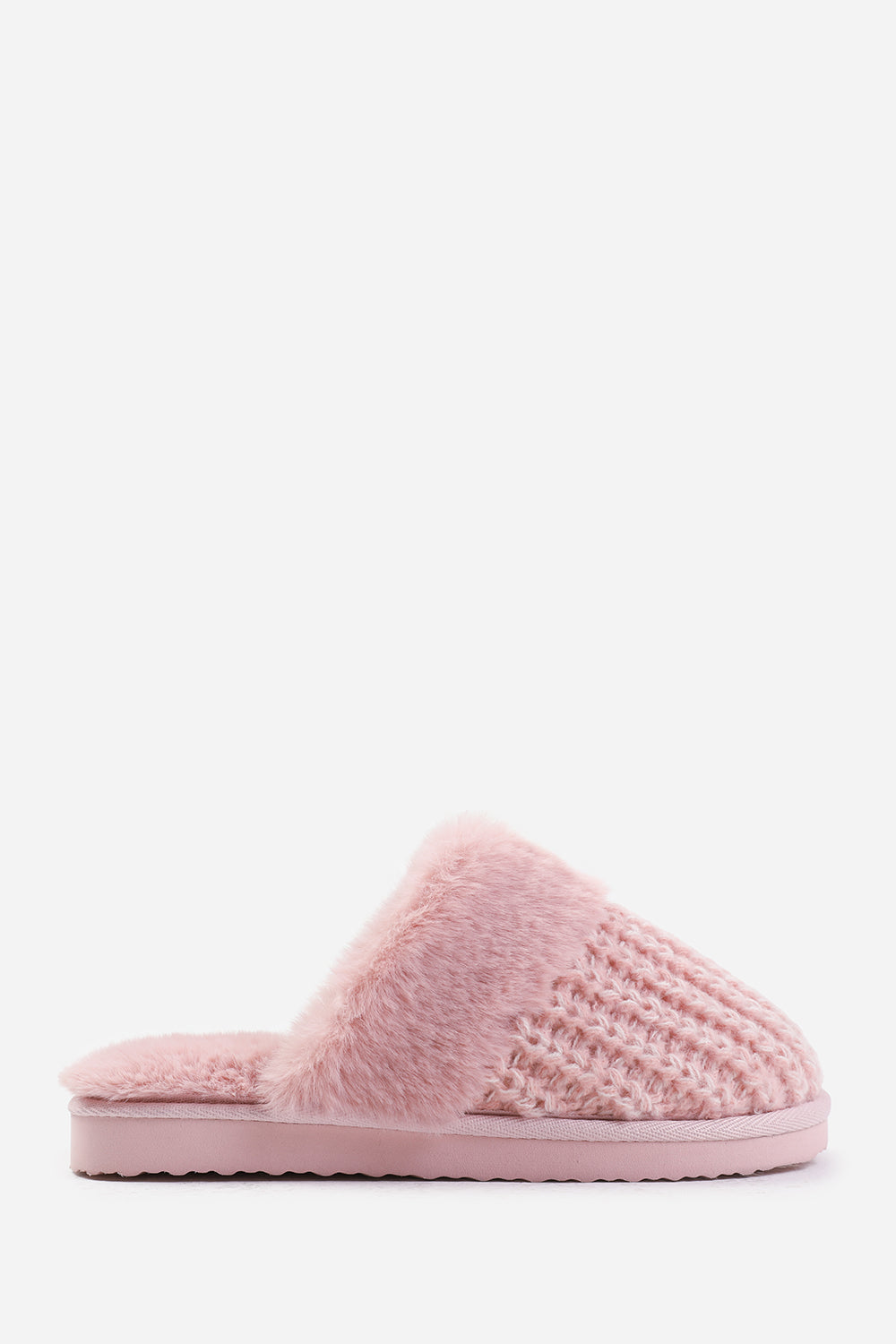 Xandra Knitted Pink Mule Slippers With Soft Faux Fur Trim