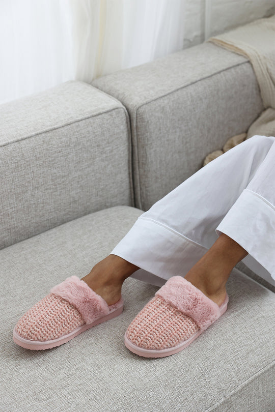Ciara Pink Faux Fur Trim Mule Slipper