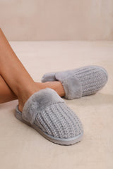 COMFORT SLIP ON KNITTED SLIPPERS WITH FUR TRIM IN LIGHT GREY YARN