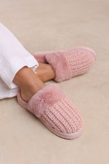 COMFORT SLIP ON KNITTED SLIPPERS WITH FUR TRIM IN LIGHT PINK YARN