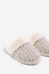 COMFORT SLIP ON KNITTED SLIPPERS WITH FUR TRIM IN WHITE GREY YARN