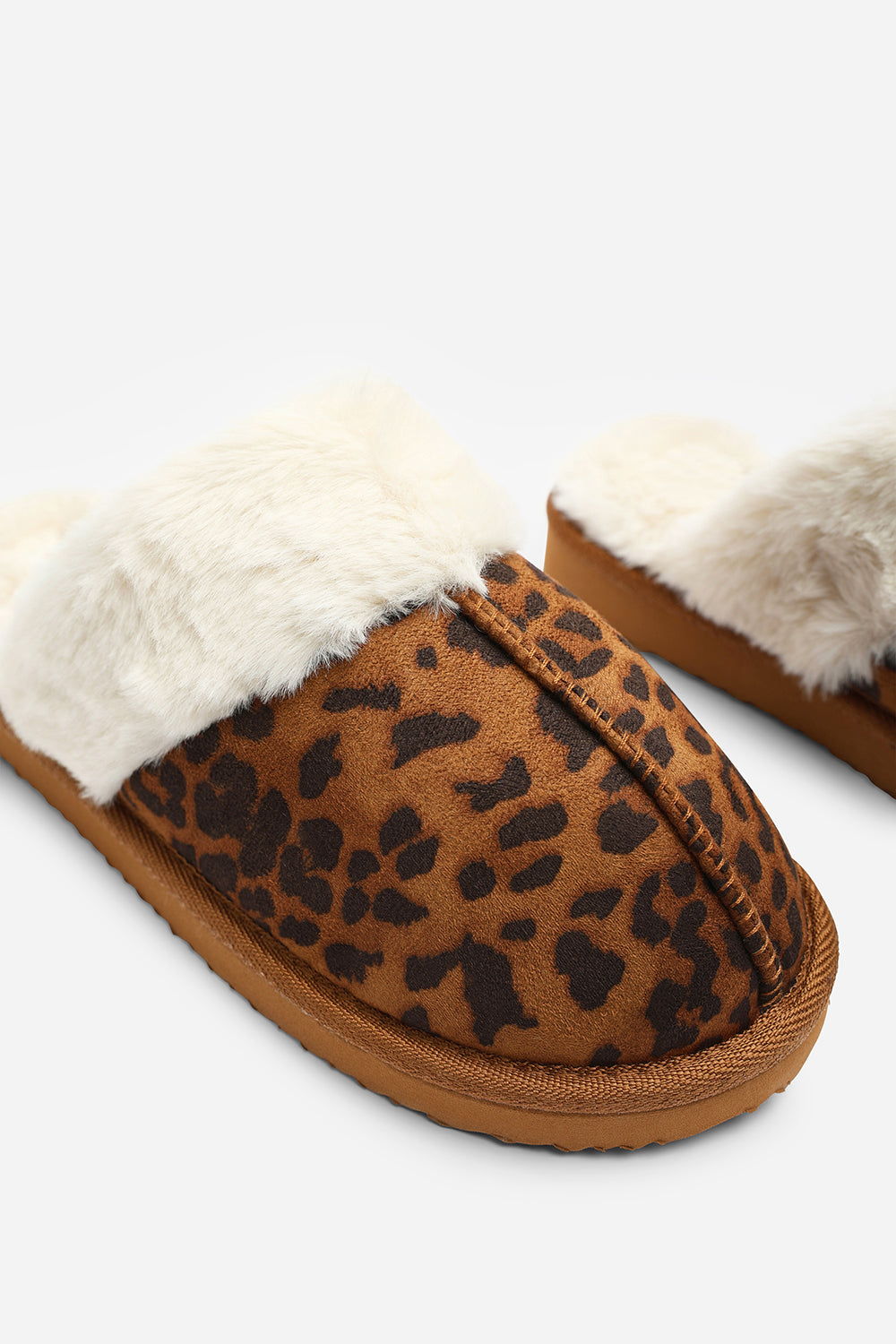 Drinae Leopard Faux Suede Fur Trim Mule Slippers