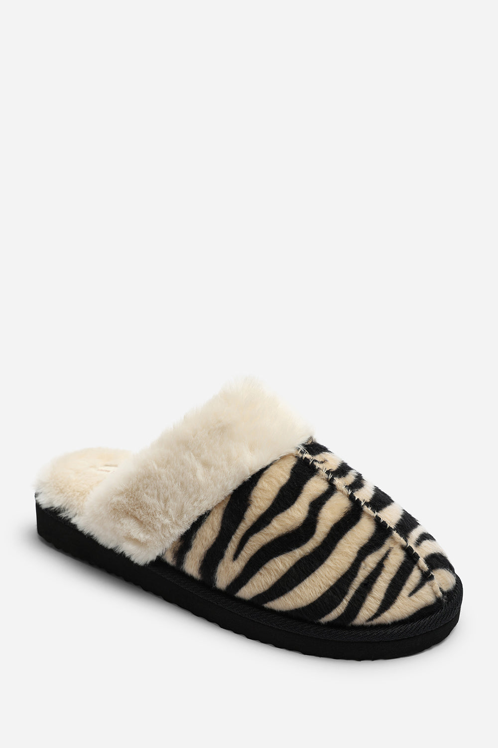 Delsa Zebra Faux Fur Trim Mule Slippers