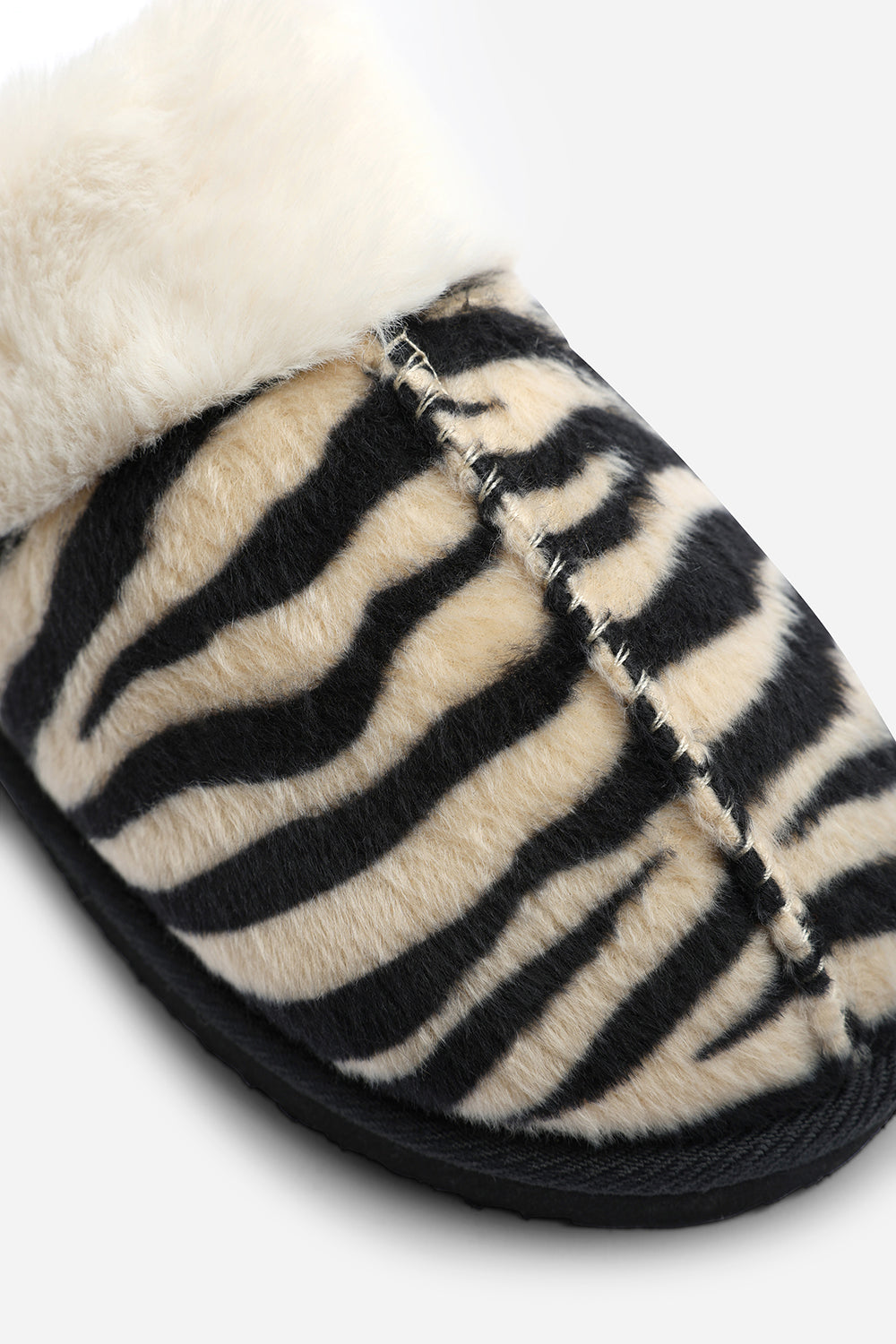 Delsa Zebra Faux Fur Trim Mule Slippers