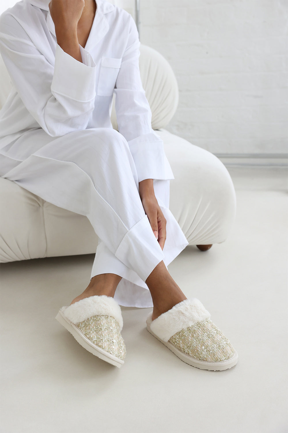 Zadie Beige Sequin Tweed Mule Slippers With Faux Fur Trim