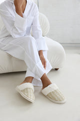 Zadie Beige Sequin Tweed Mule Slippers With Faux Fur Trim