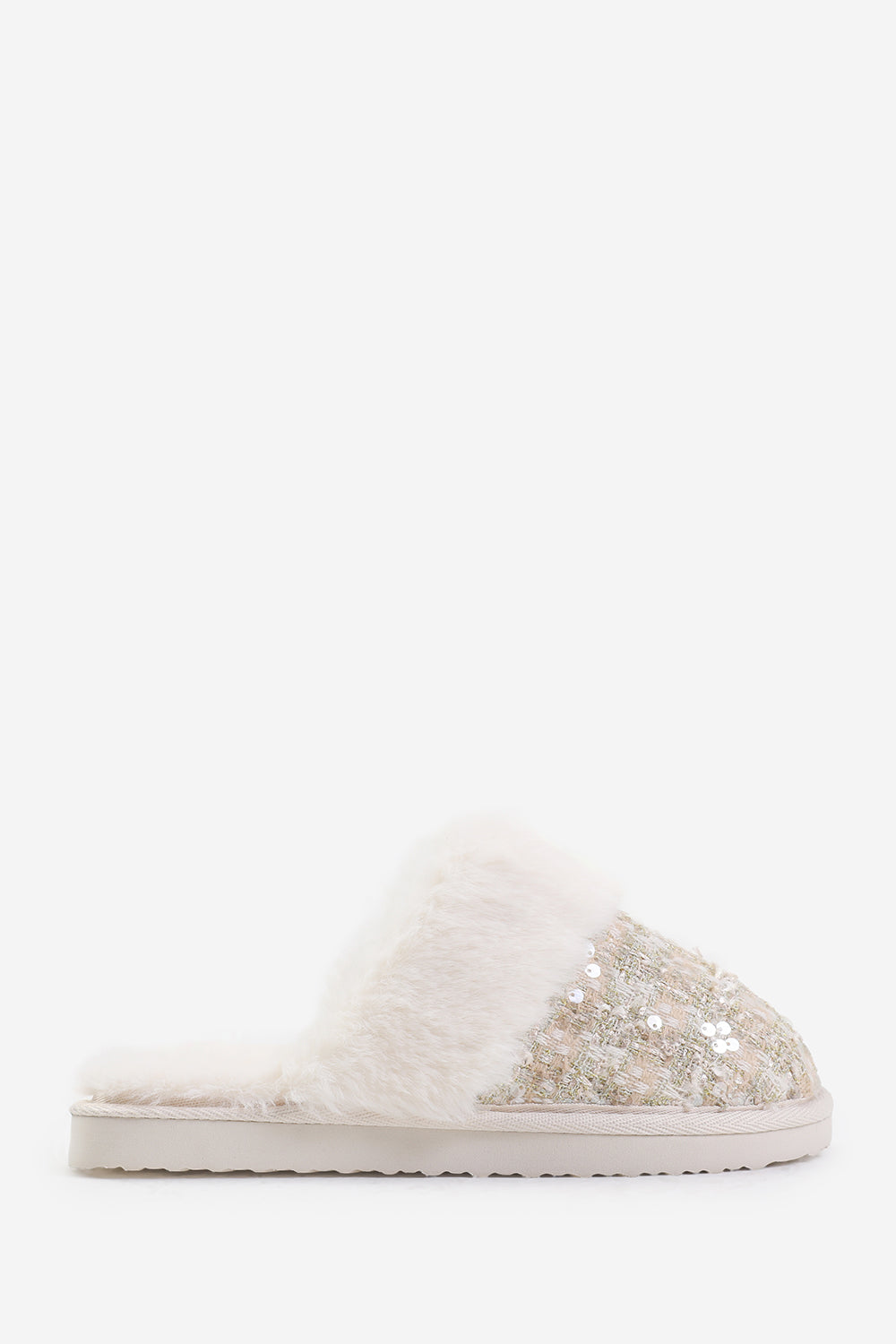 Zadie Beige Sequin Tweed Mule Slippers With Faux Fur Trim
