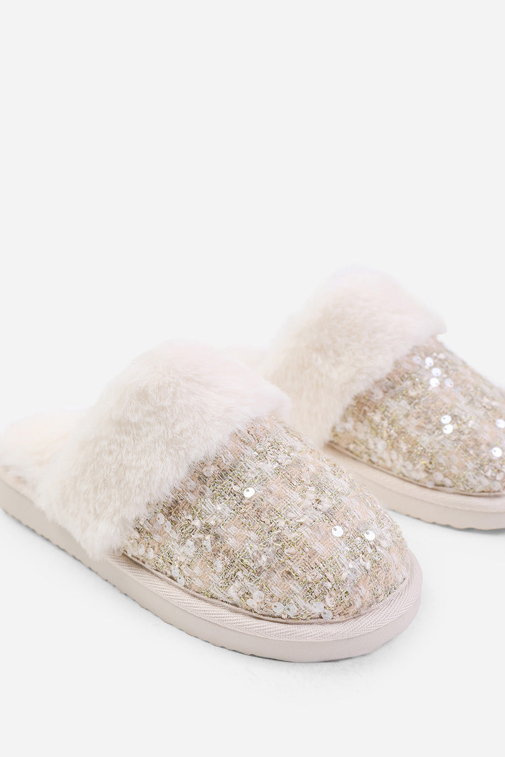 Zadie Beige Sequin Tweed Mule Slippers With Faux Fur Trim