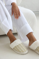 Zadie Beige Sequin Tweed Mule Slippers With Faux Fur Trim