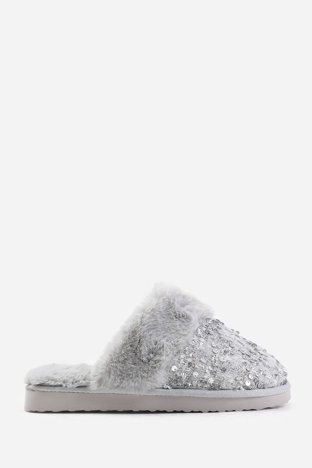 Zadie Grey Sequin Tweed Mule Slippers With Faux Fur Trim