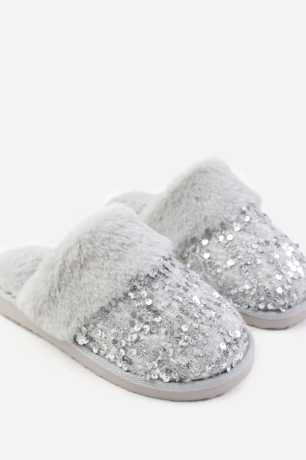 Zadie Grey Sequin Tweed Mule Slippers With Faux Fur Trim