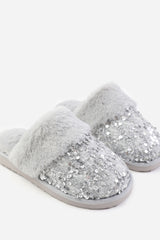 Zadie Grey Sequin Tweed Mule Slippers With Faux Fur Trim