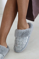 Zadie Grey Sequin Tweed Mule Slippers With Faux Fur Trim