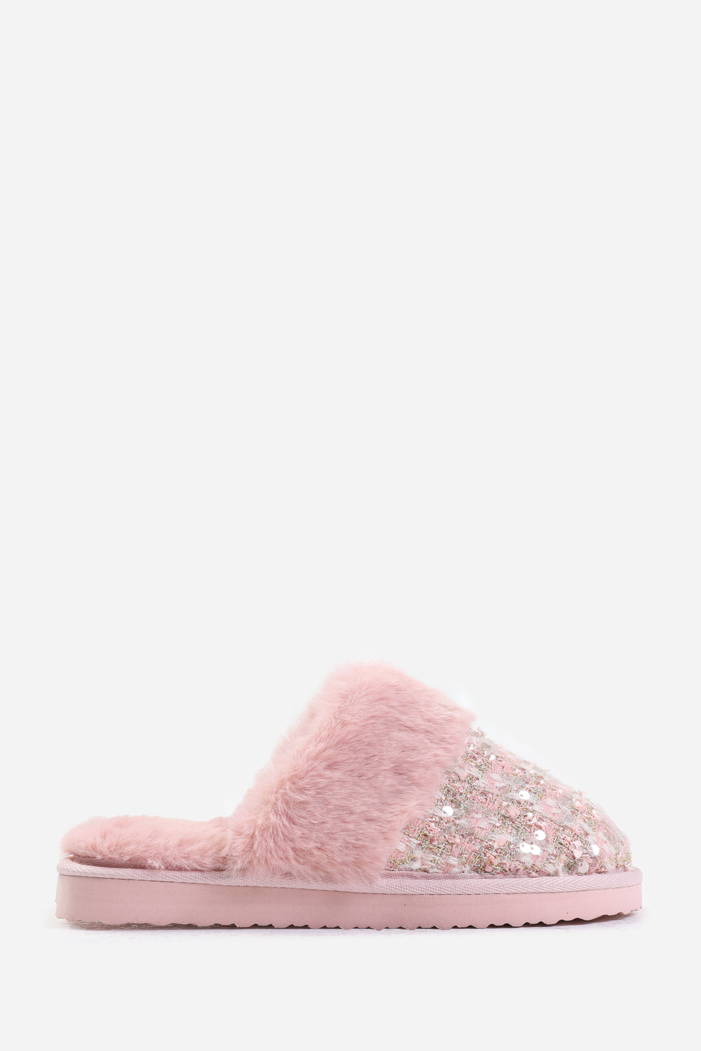 Zadie Pink Sequin Tweed Mule Slippers With Faux Fur Trim