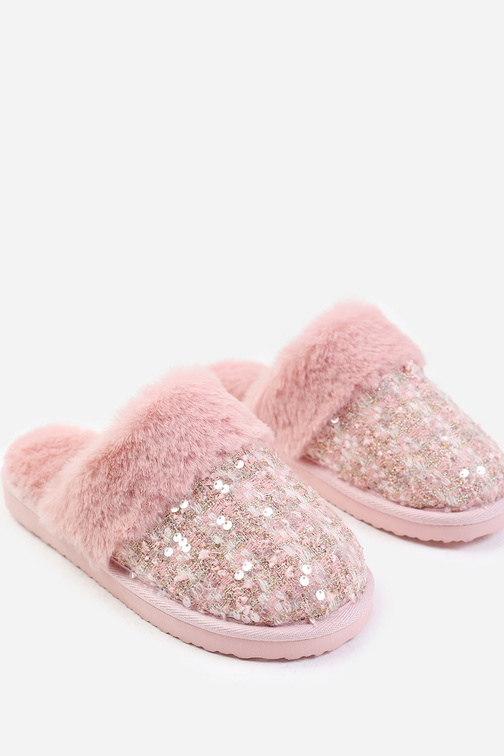Zadie Pink Sequin Tweed Mule Slippers With Faux Fur Trim